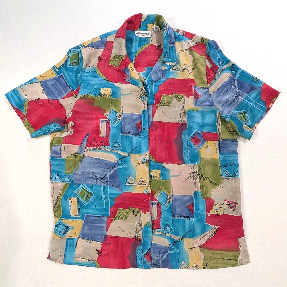 Vintage 80s/90s Alfred Dunner Abstract Geometric Colorblock Blouse |‎ Size 14